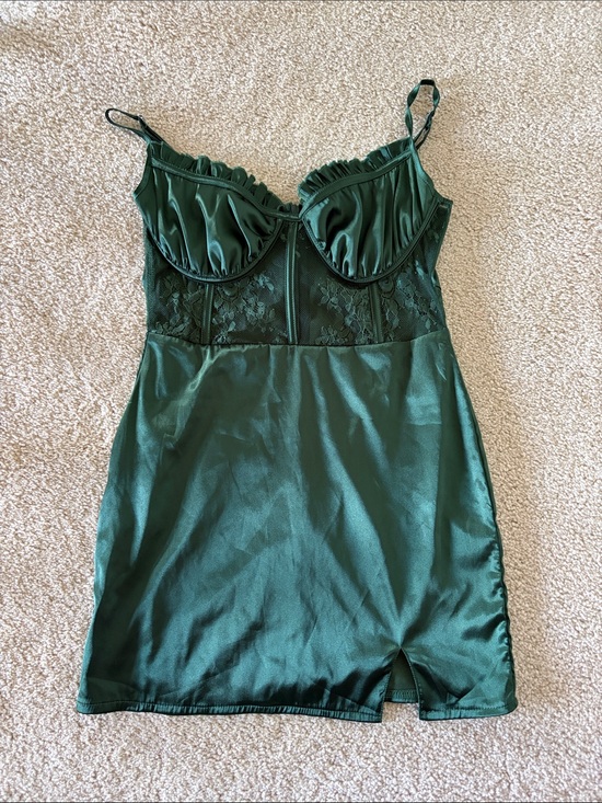 Amazon Dresses & Skirts - Amazon Dark Green Satin Lace Chemise with Ruffle Trim
